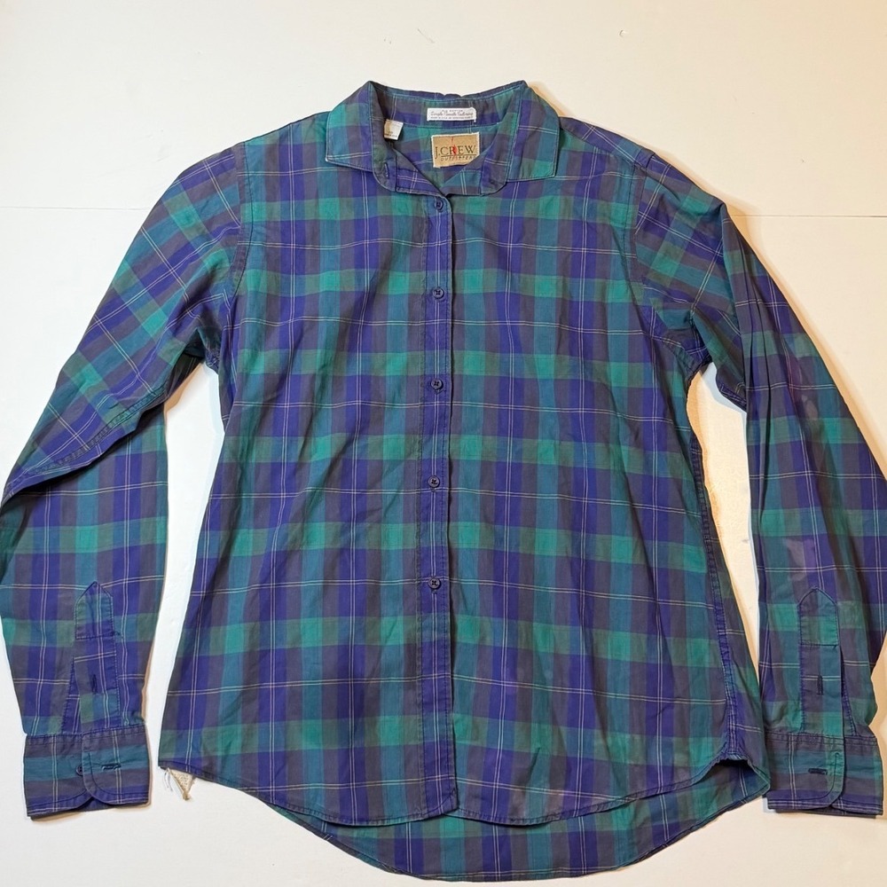 Vintage J.Crew Plaid Button Down Shirt Womens 10 Blue Green Cotton Made in USA